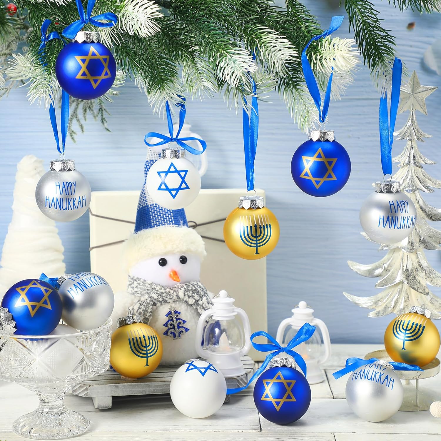 Tioncy 16 adornos de bola de Hanukkah, decoraciones judías de Janucá, juego de adornos de estrella de David, adornos decorativos de Janucá, bolas
