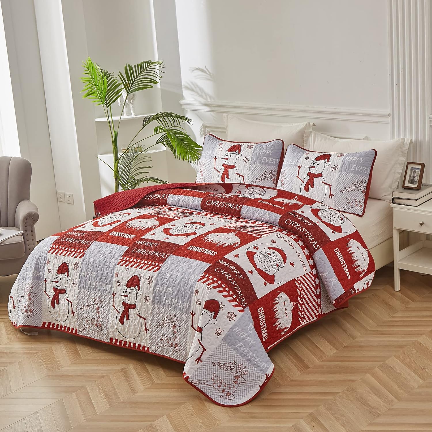 Juego de edredón de Navidad, tamaño Queen, color rojo, estampado de Papá Noel, muñeco de nieve, colcha de microfibra suave con 2 fundas de almohada