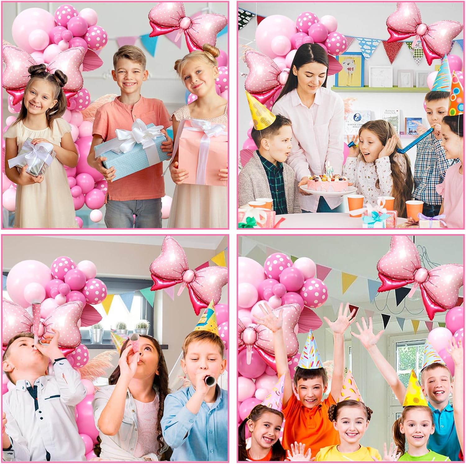 Decoraciones de cumpleaños de ratón rosa, kit de guirnalda de arco de globo de ratón rosa con pajarita rosa, lunares rosa intenso para niñas,