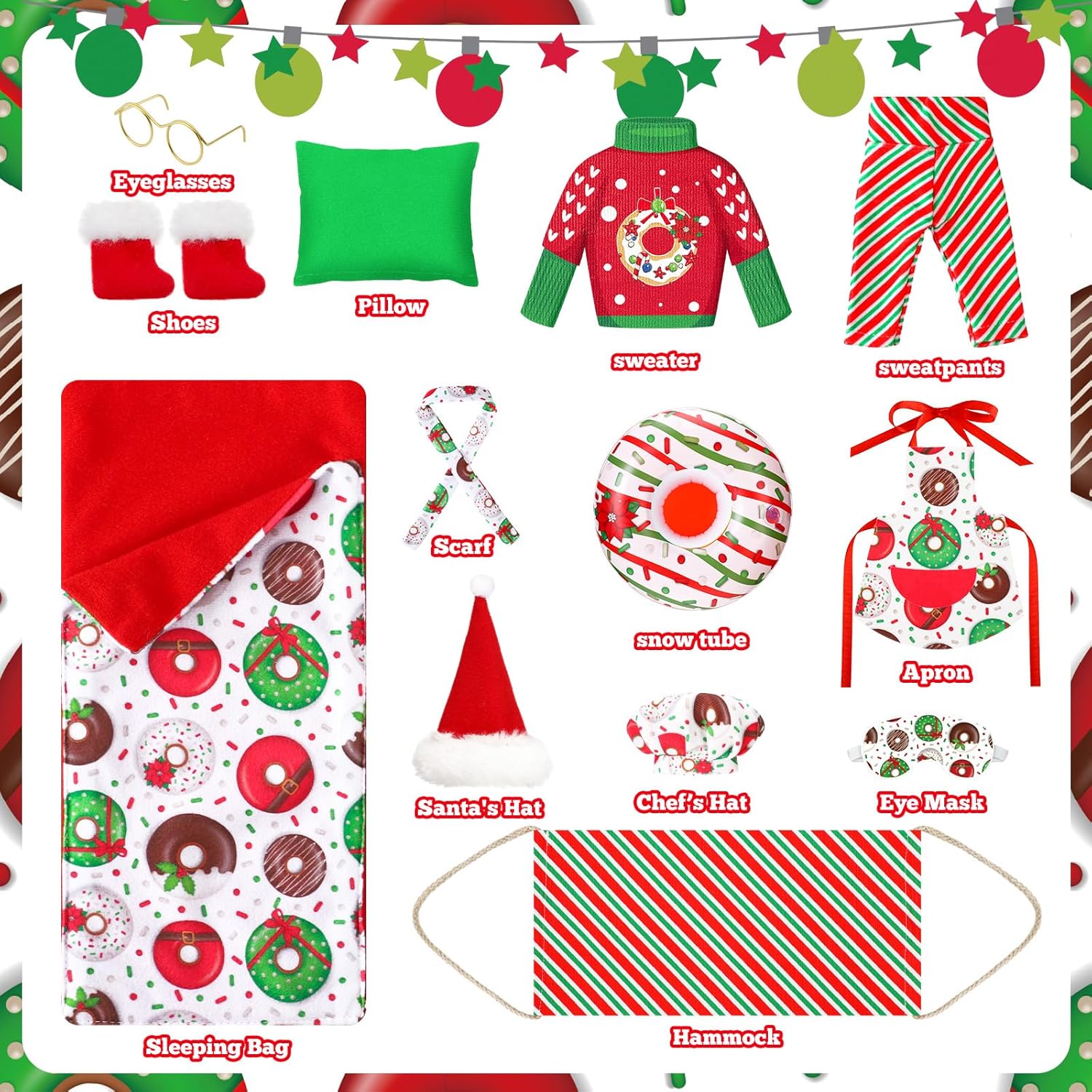 Juego de 13 piezas de accesorios de muñeca elfo de Navidad, ropa de elfo en ropa, dona, traje de dona, bufanda, saco de dormir, suéter, albornoz,