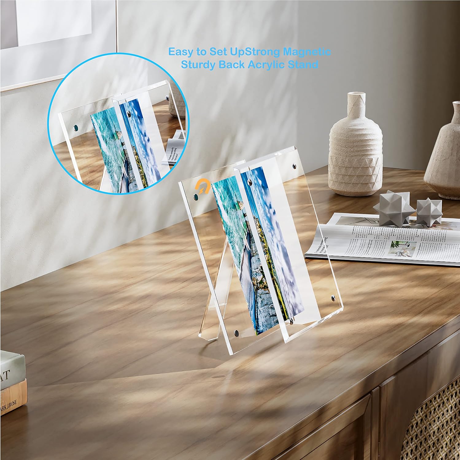 Marco de fotos acrílico, paquete de 2 marcos magnéticos transparentes de doble cara de 5 x 7 pulgadas, marcos de fotos de escritorio sin marco con