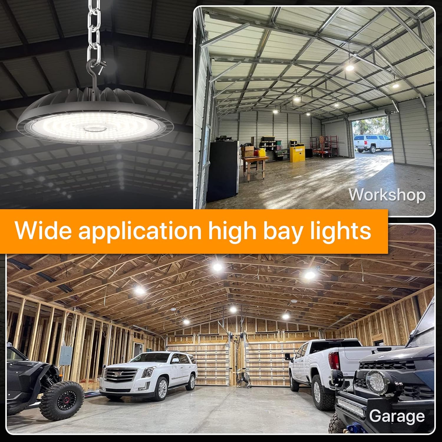 Paquete de 4 luces LED de alta bahía de 200 W, 30000 lm, 5000 K UFO High Bay Led Shop Lights ETL Listed US Hook 5′ Cable Plug, 800W MHHPS Eqv.