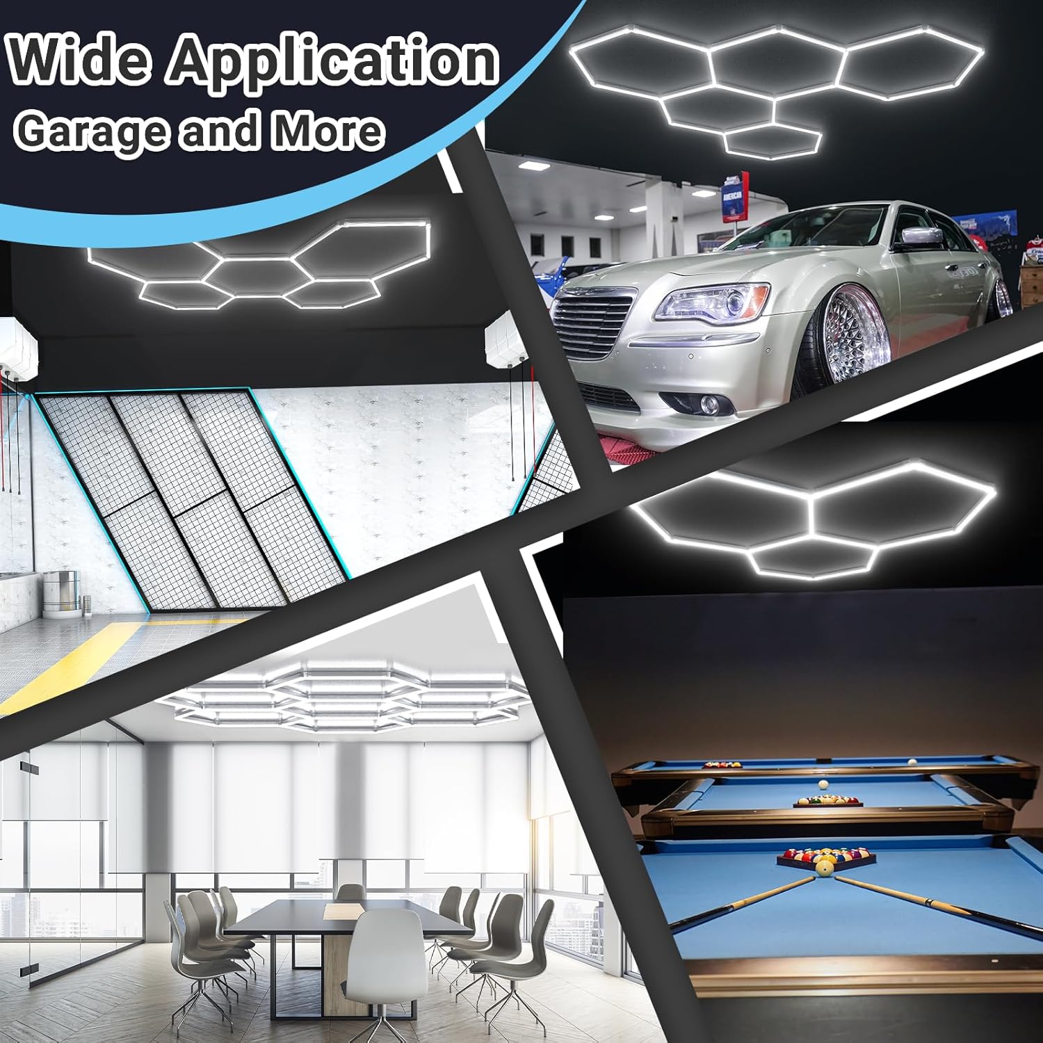 HYPERLITE Luces hexagonales de garaje, luces de panal de abeja, 5 sistemas de rejilla de 6500 K, luz de techo hexagonal para detalles de automóvil,