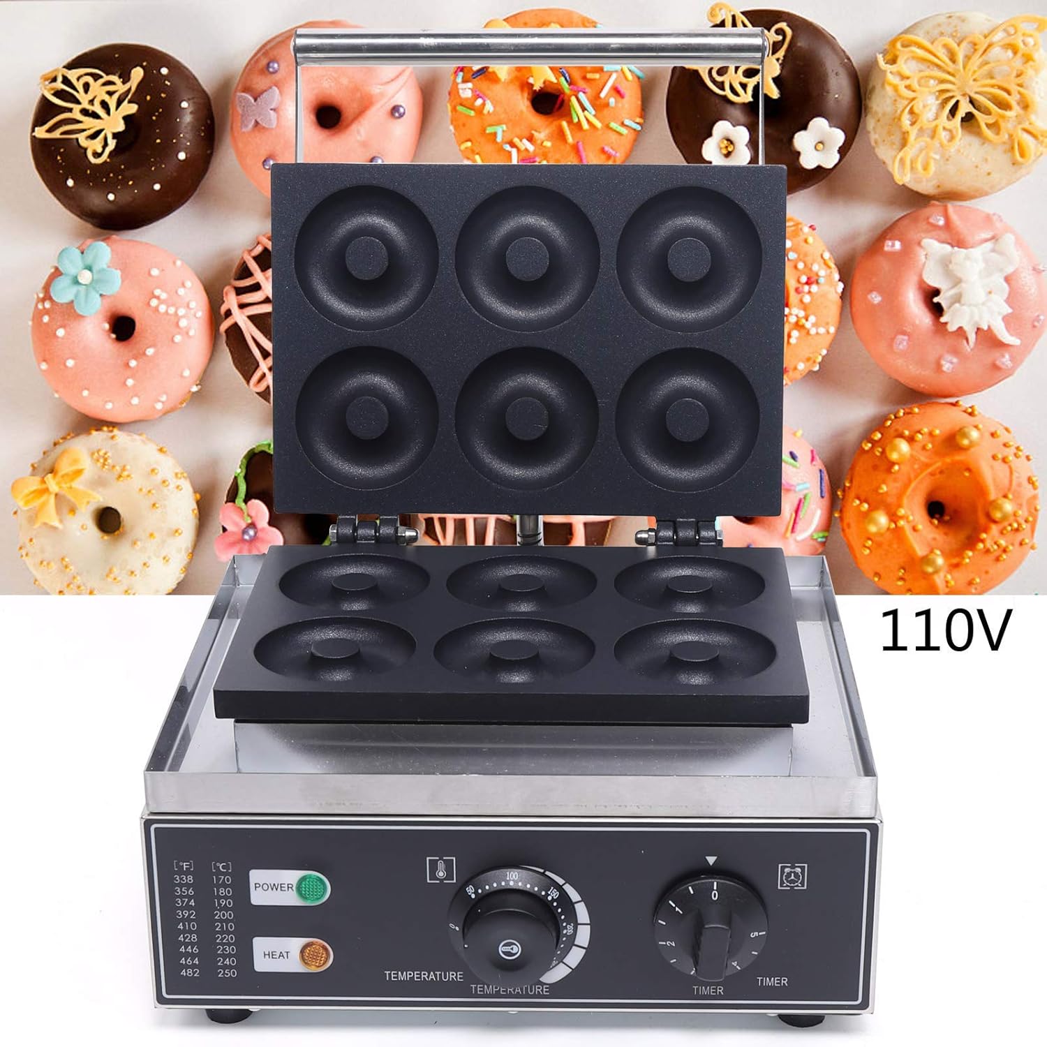 Máquina eléctrica comercial para hacer donas de gofres, temperatura de 122 a 572  para hacer donas antiadherentes de 110 V, temperatura de 122 a 572