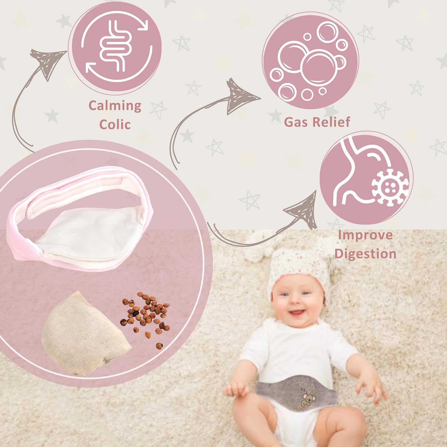 Alivio de gases cólicos para bebés y malestar estomacal para recién nacidos, 100% con semillas de cereza, cinturón para envolver el abdomen, cólico