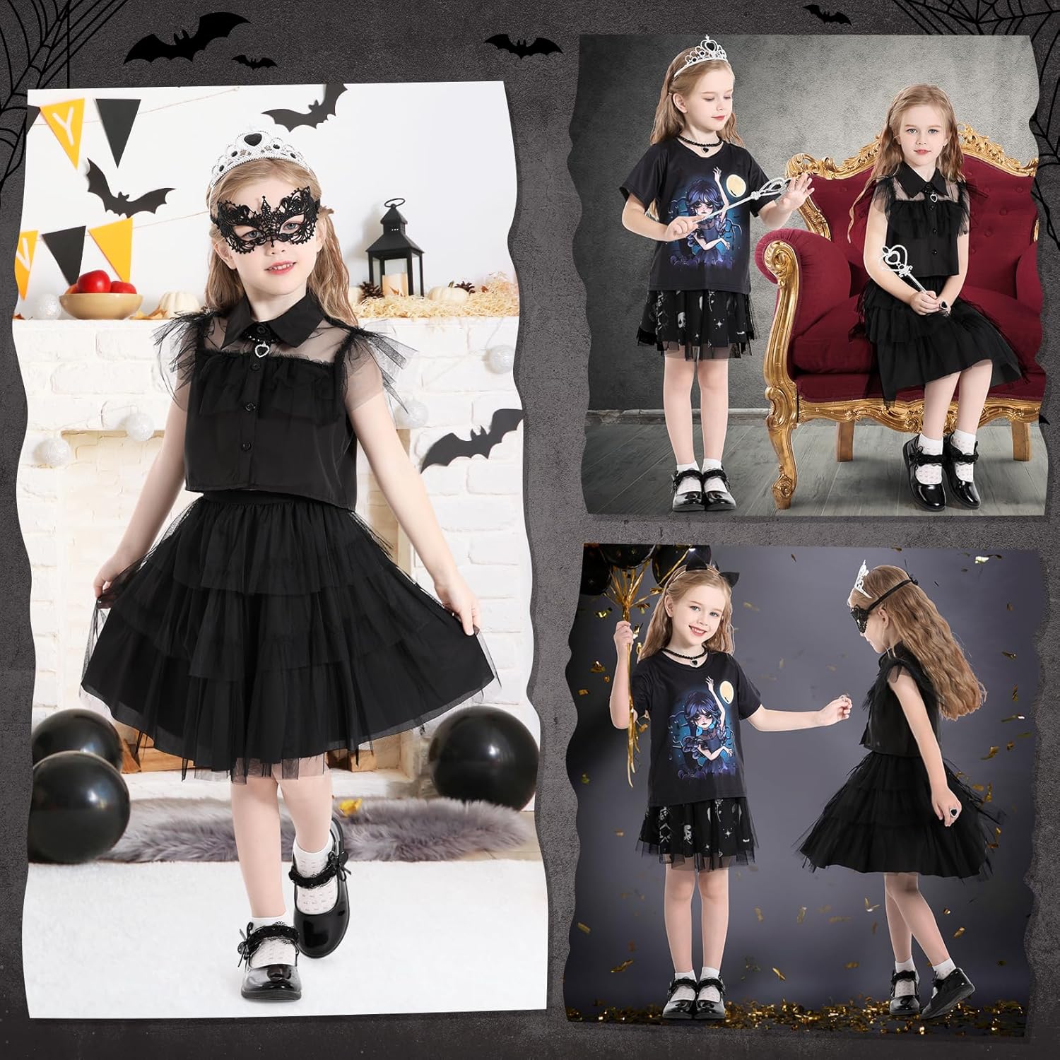 Fedio Vestido de disfraz negro para niñas, vestido de disfraz familiar negro para niñas, vestidos de princesa negros para niñas de 3, 4, 5, 6 años,