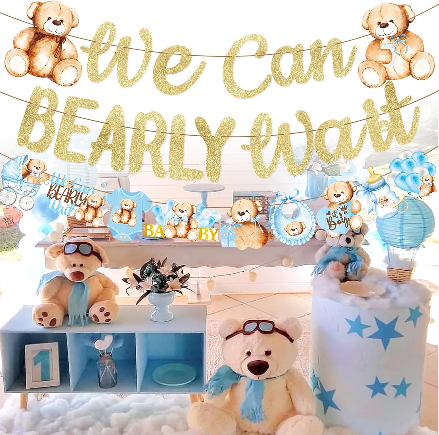 Cartel de oso de peluche para baby shower, 3 unidades, con texto en inglés We Can Bearly Wait Baby Show, decoración de oso de peluche con purpurina