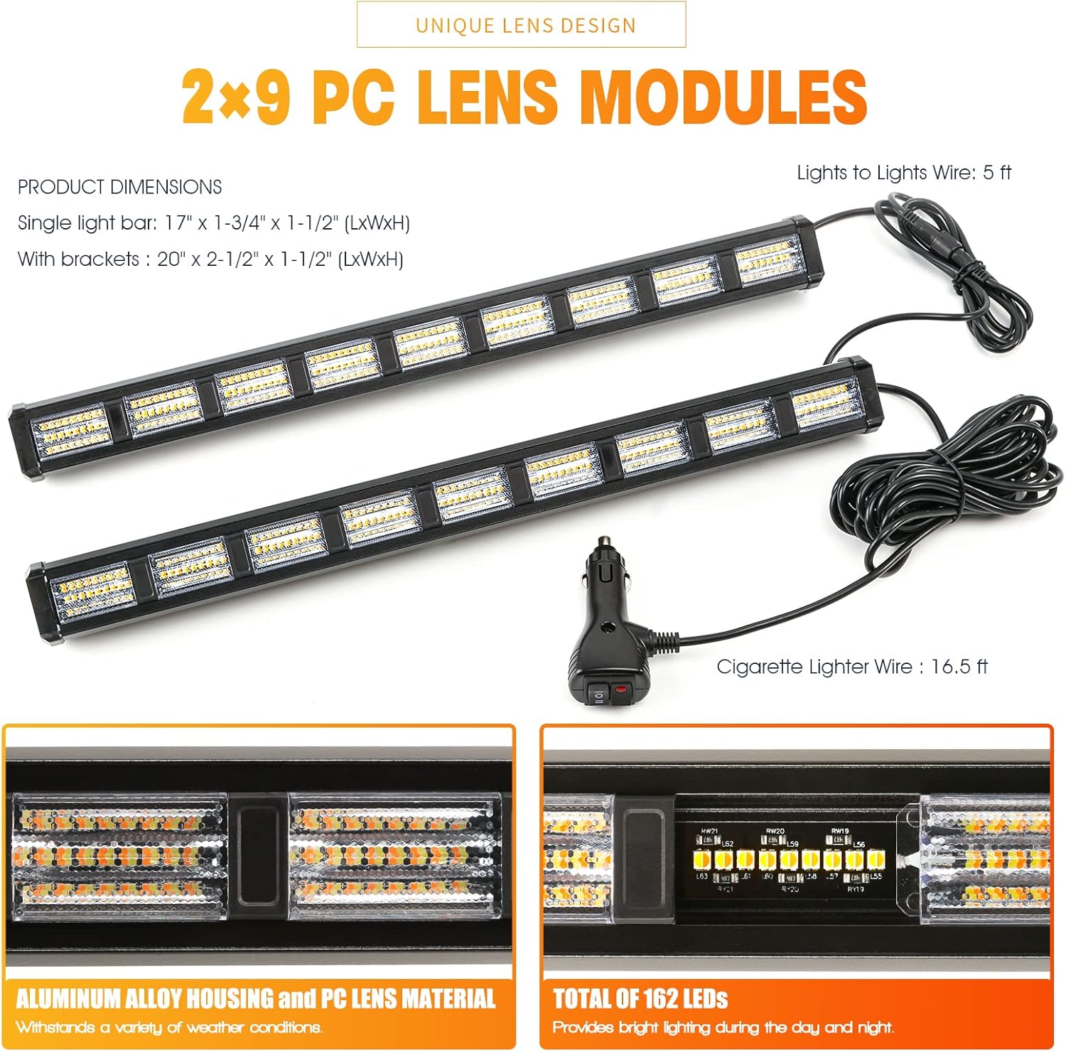 BooYu Actualizado Barra de luz estroboscópica de emergencia conmutable de 4 colores para asesor de tráfico, 162 luces LED para parabrisas 2 en 1,