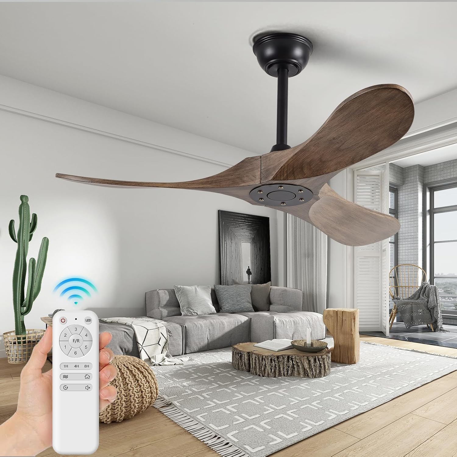 FISHMIX Ventiladores de techo pequeños de 42 pulgadas sin luces, ventilador de techo de madera maciza sin luz con control remoto, inteligente y