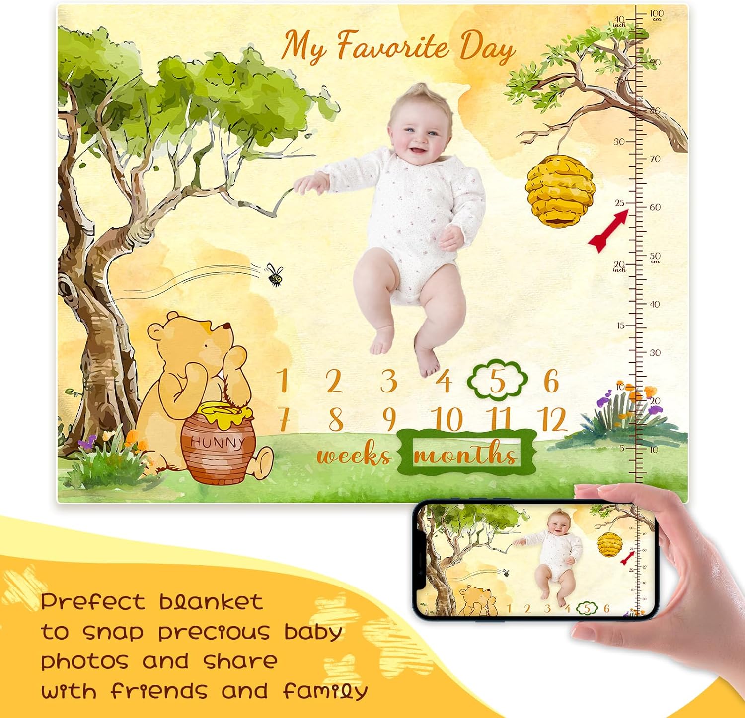 Manta clásica de Winnie Baby Monthly Milestone  Pooh Bear Baby Stuff Winnie Milestone Manta para decoración de guardería de bebé niño niña 47 x 40