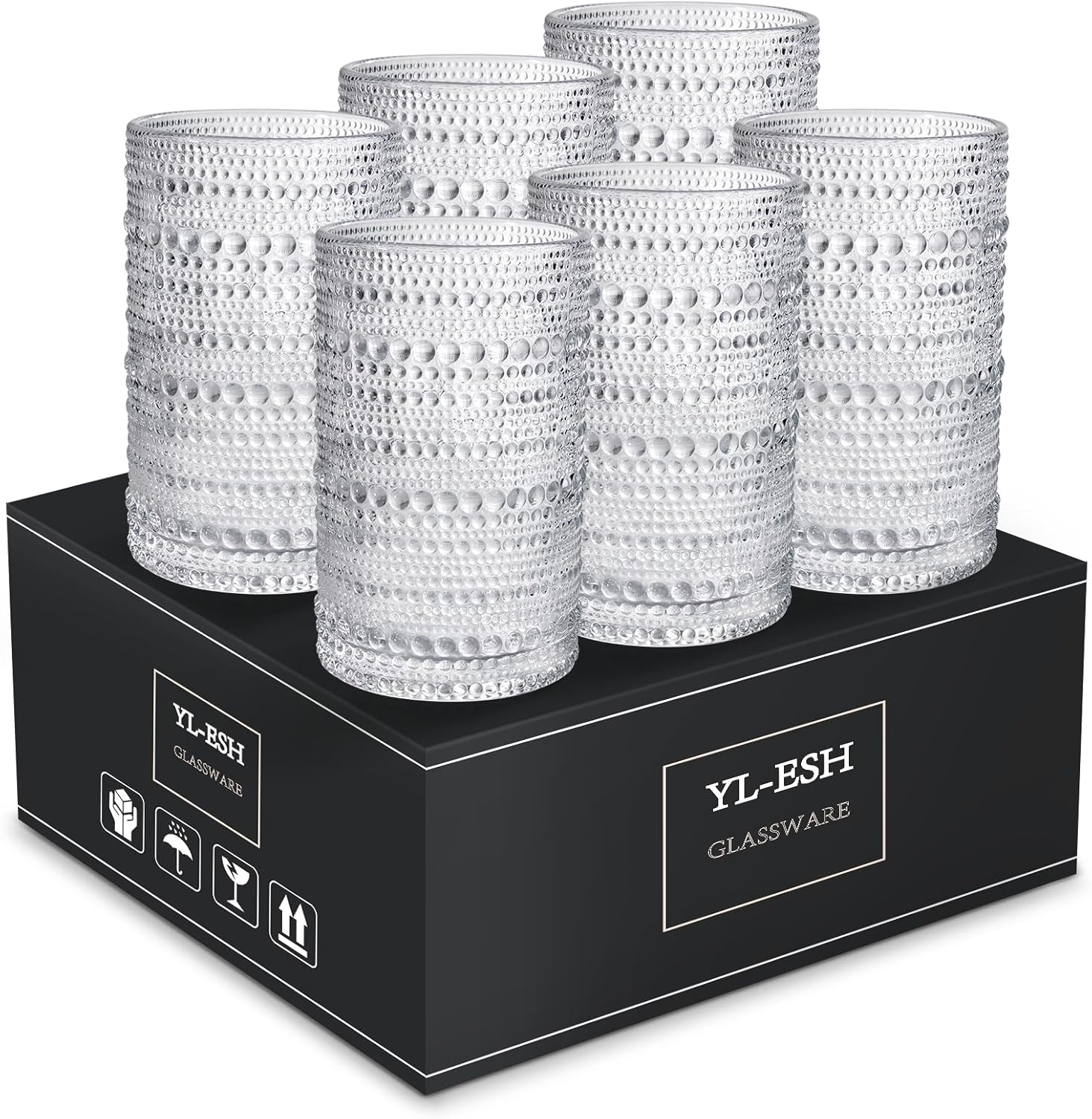 Juego de 6 vasos vintage para beber, 12 onzas, vasos de vidrio con relieve, juego de cristalería vintage para bebidas, jugo, whisky, cerveza,