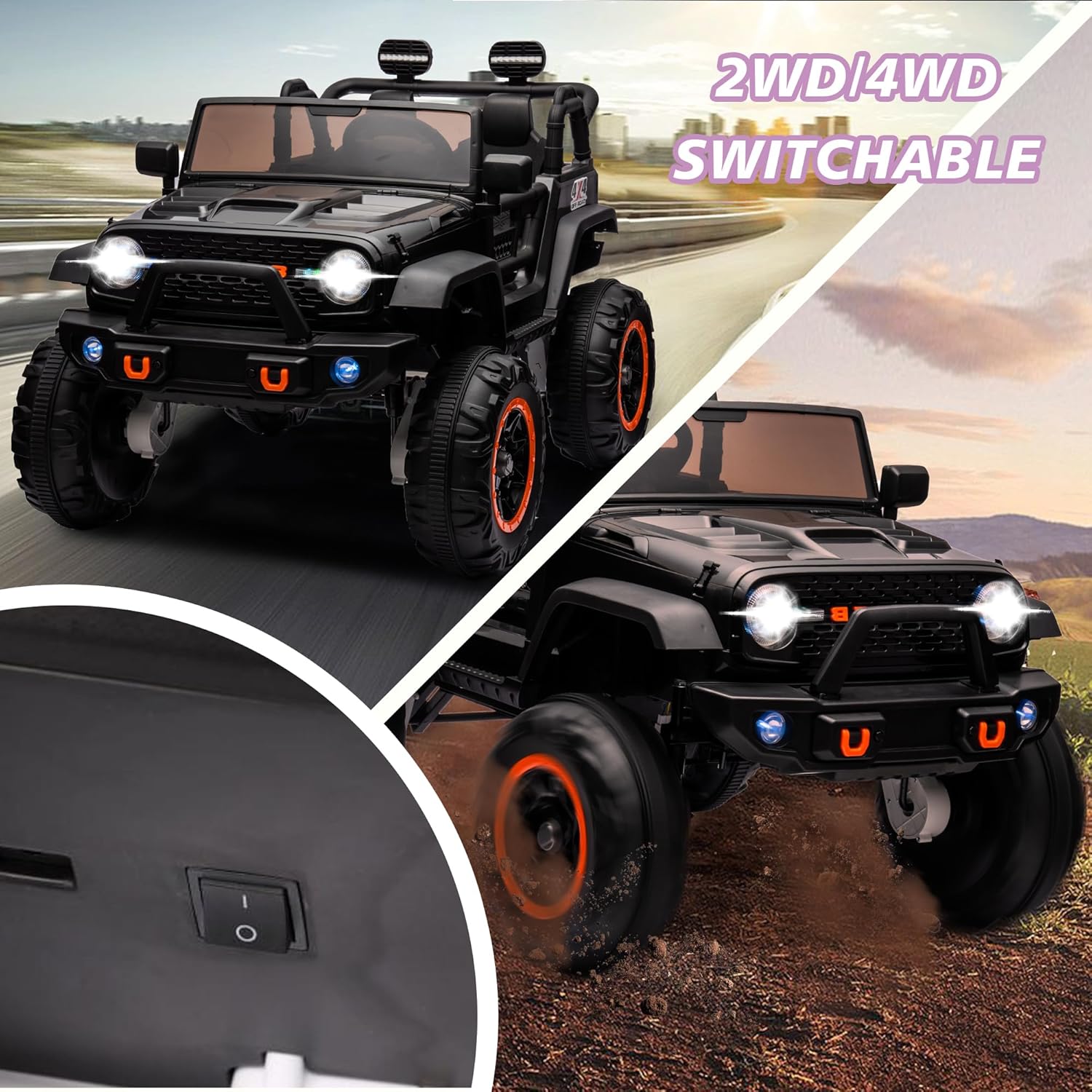 Camión de coche de 2 plazas para niños de 24 V con asiento extra ancho de 20 pulgadas, vehículo eléctrico para niños conmutable 4WD2WD con control