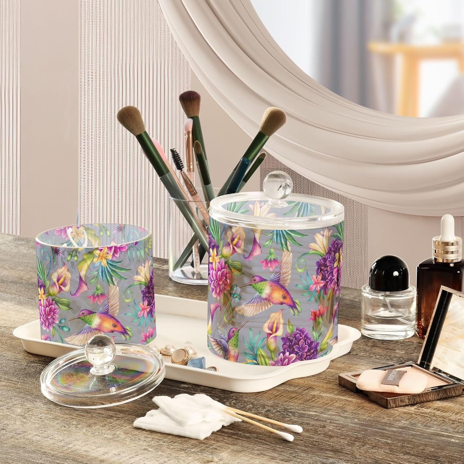 Frascos de primavera de colibrí con tapas, recipientes de baño, tarros decorativos para lavandería, contenedor de hisopos de algodón para