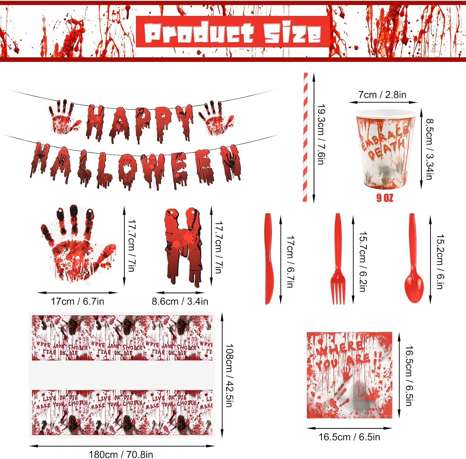 SelfTek Juego de vajilla de 177 piezas de suministros para fiesta de Halloween, decoraciones de fiesta de Halloween, vajilla desechable, platos de