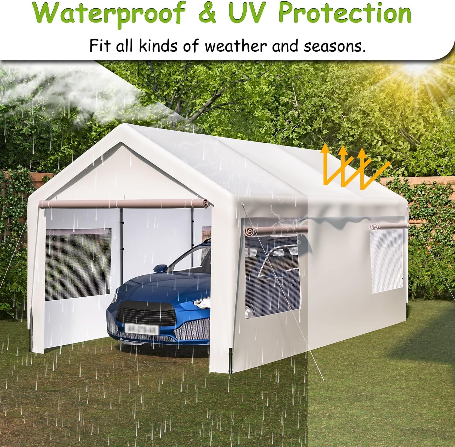 Carport, toldo resistente de 10 x 20 pies con paredes laterales y puertas extraíbles, garaje portátil con ventanas enrollables ventiladas refugio de