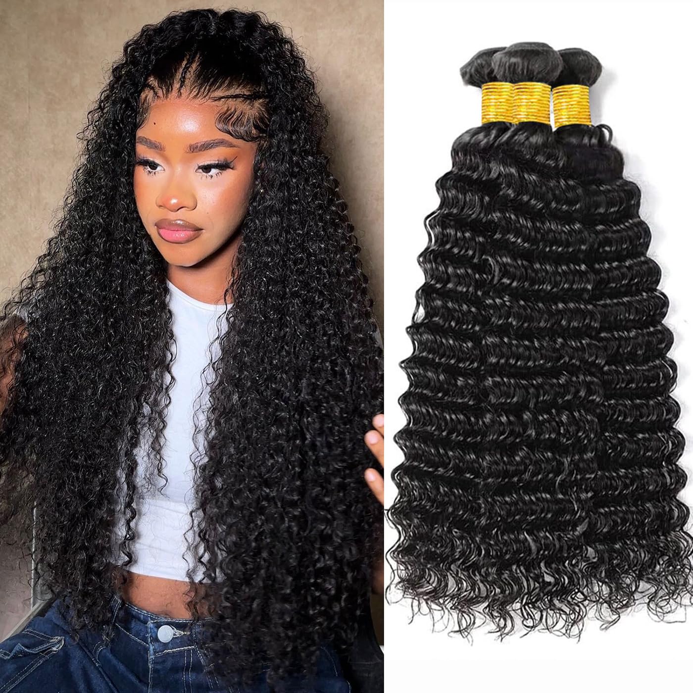 Releek Extensiones de cabello humano ondulado profundo, 3 paquetes de cabello humano ondulado brasileño ondulado de 18, 18, 18, 18 pulgadas, 100%