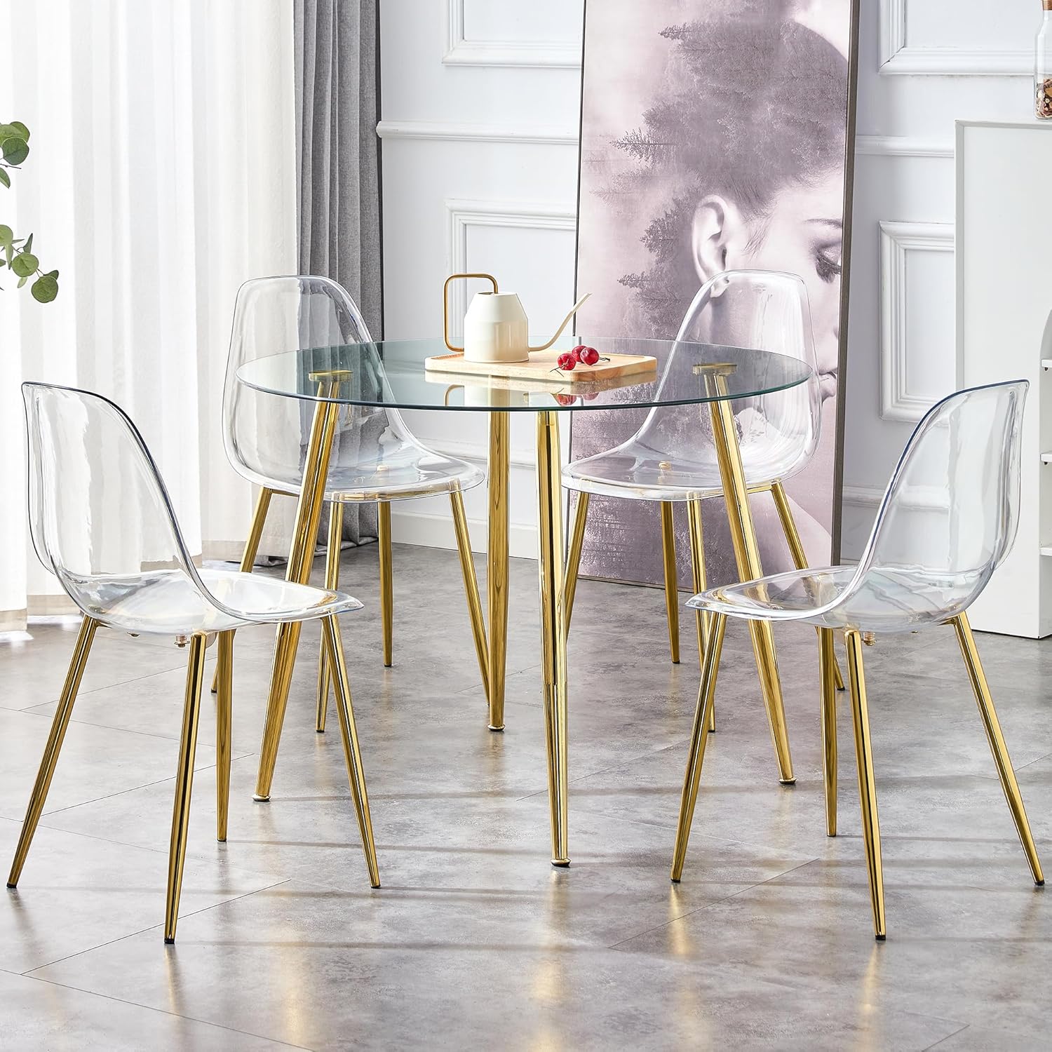 Mesa de comedor redonda, mesa de comedor moderna de 40 pulgadas, mesa de vidrio templado con patas de metal chapado en oro, Mesas de Comedor para