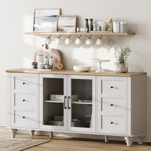 WAMPAT Aparador de buffet con puerta de cristal, armarios de almacenamiento de cocina, mesas de bar de café de madera, armario de almacenamiento de WAMPAT Aparador de buffet con puerta de cristal, armarios de almacenamiento de cocina, mesas de bar de café de madera, armario de almacenamiento de