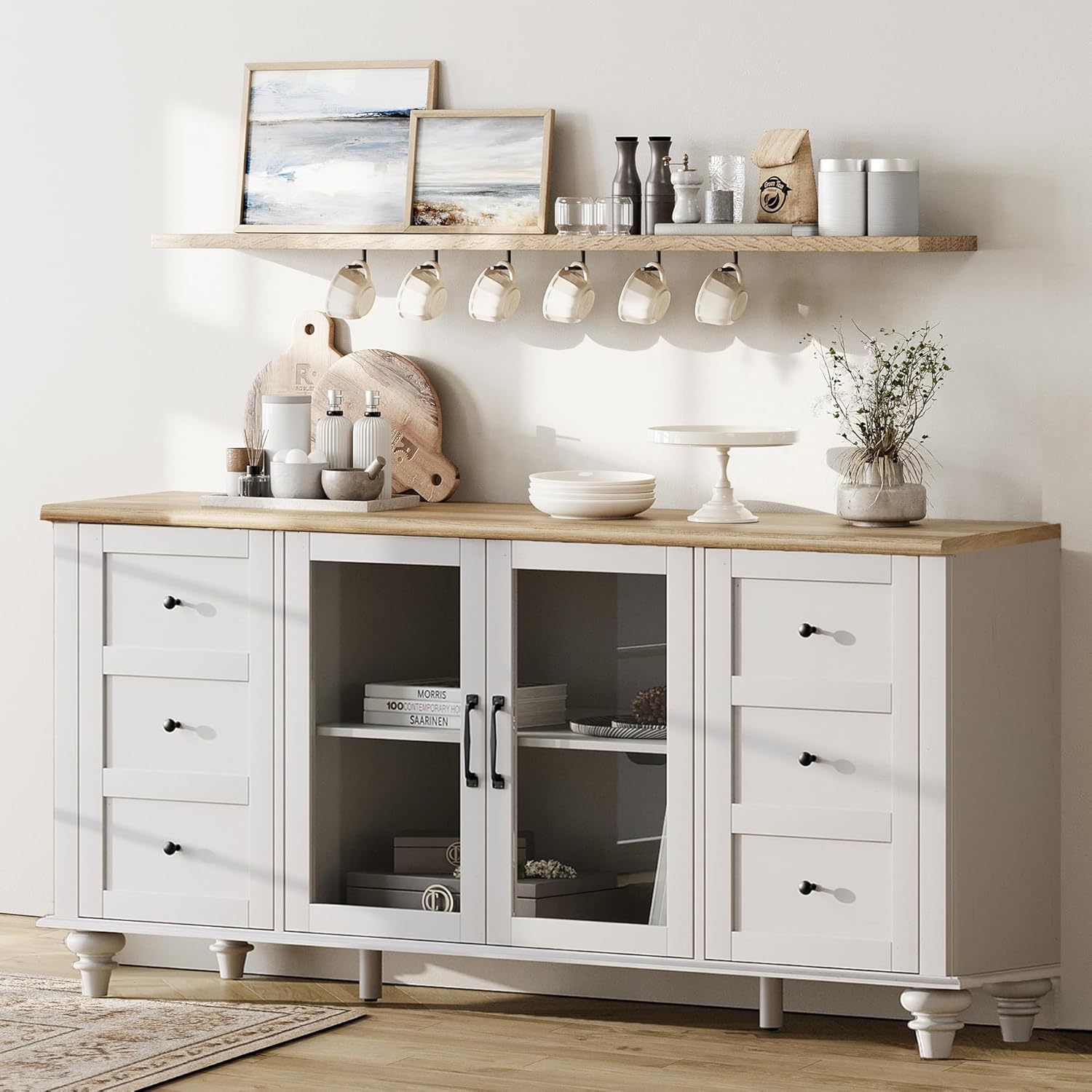 WAMPAT Aparador de buffet con puerta de cristal, armarios de almacenamiento de cocina, mesas de bar de café de madera, armario de almacenamiento de