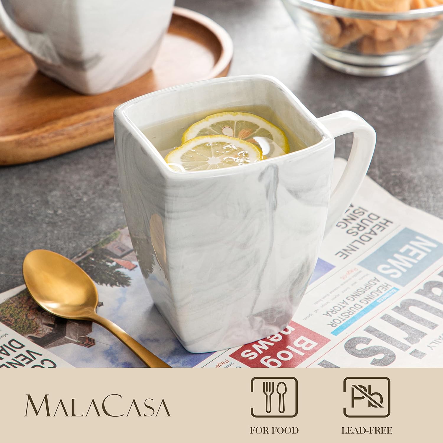 MALACASA Juego de tazas de café, tazas cuadradas de porcelana de 12 onzas, juego de 6, tazas de té de mármol con asa para expreso, capuchino, té y
