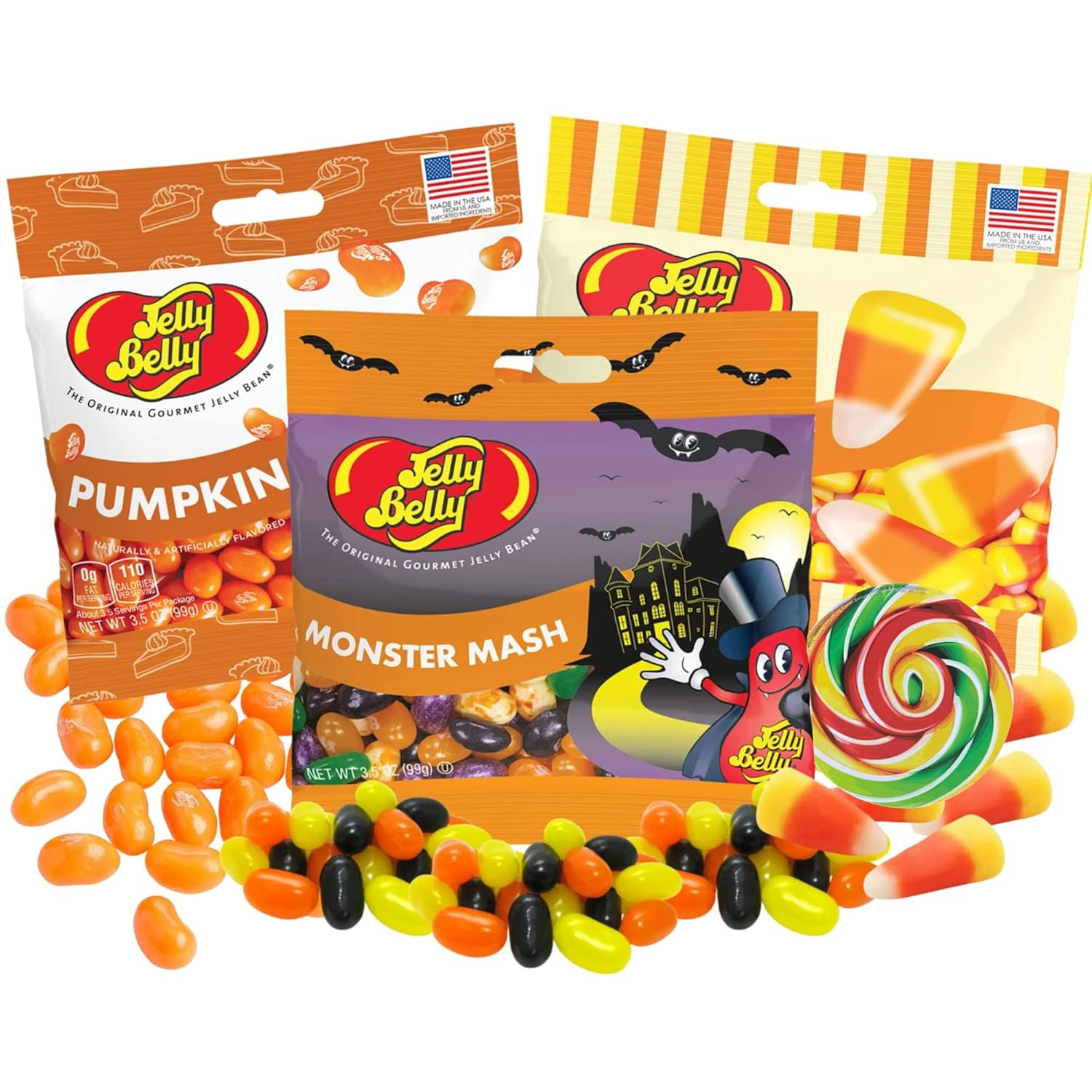 Caramelo de maíz, Monster Mash y calabaza Pastel de gelatina, mezcla de frutas surtidas, dulces de Halloween, rellenos de bolsas de golosinas