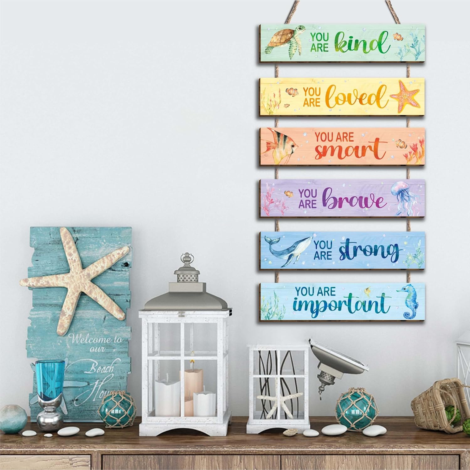 6 piezas de decoración de océano para habitación de niños, letrero colgante con acuarela, océano, citas positivas inspiradoras, decoración de pared