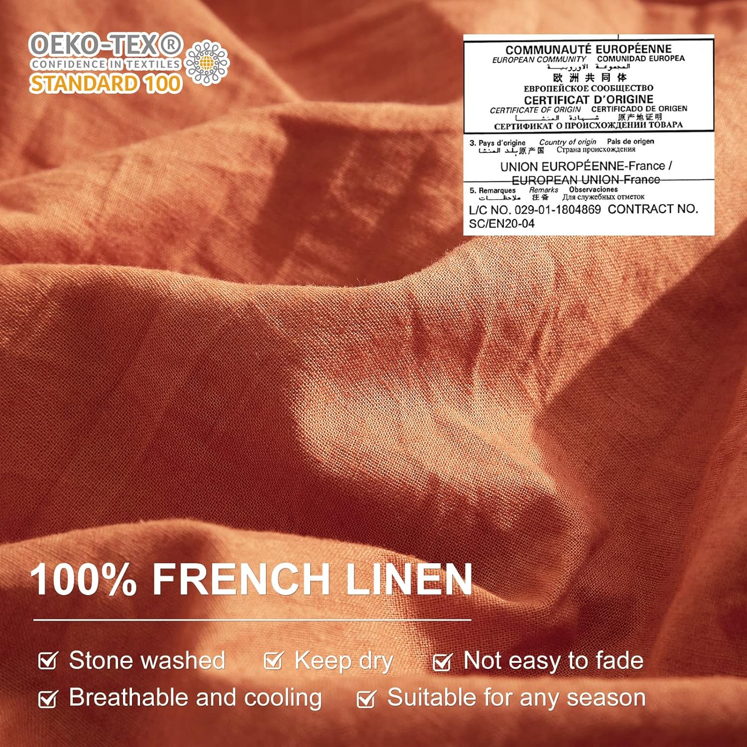Ivellow Funda de edredón de lino naranja quemado, tamaño Queen, 100% lino francés lavado, funda de edredón de lino puro, tamaño Queen, suave,