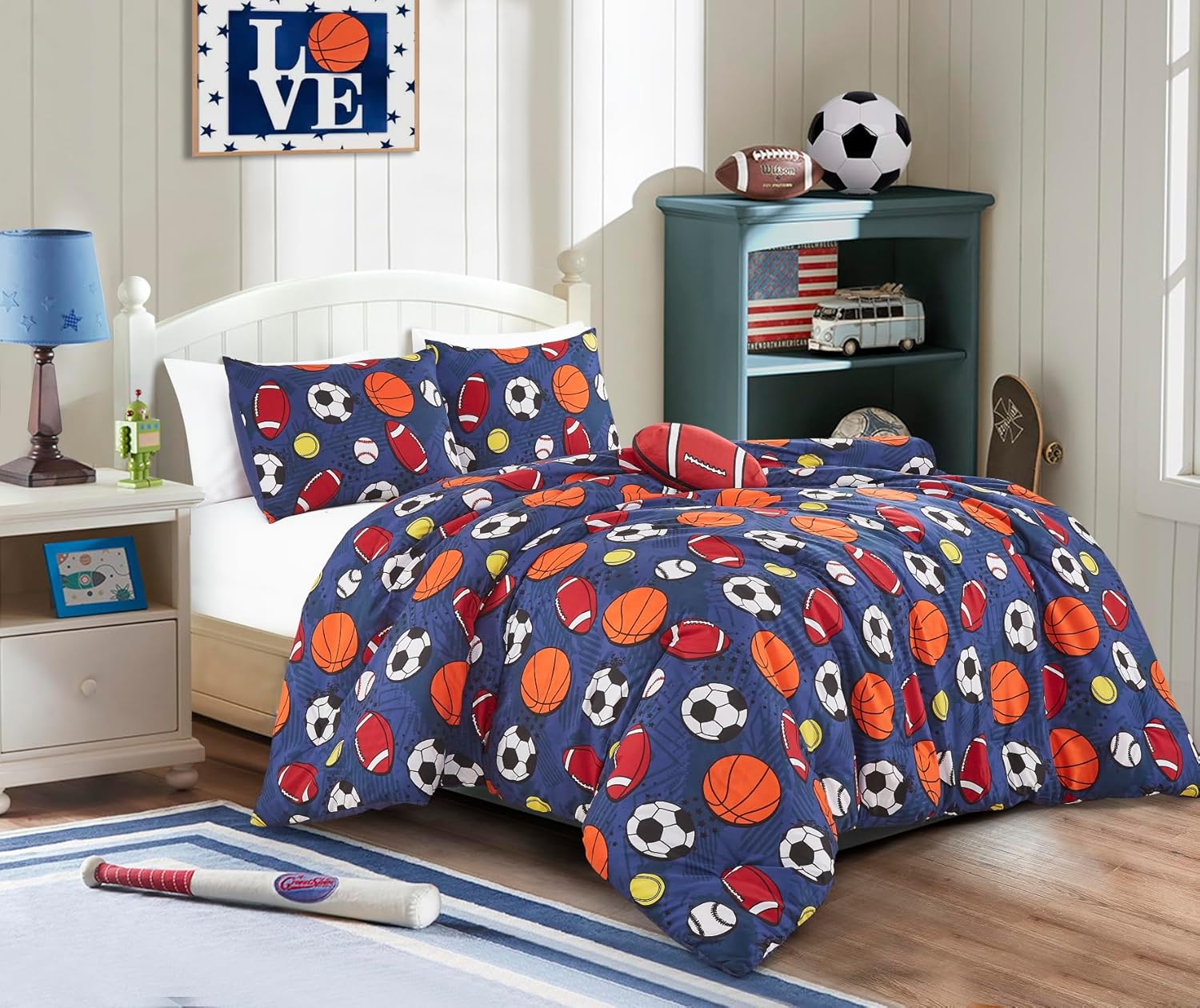 Chezmoi Collection Juego de edredón de 4 piezas con diseño de pelotas deportivas para niños, tamaño matrimonialqueen, microfibra suave, azul marino,