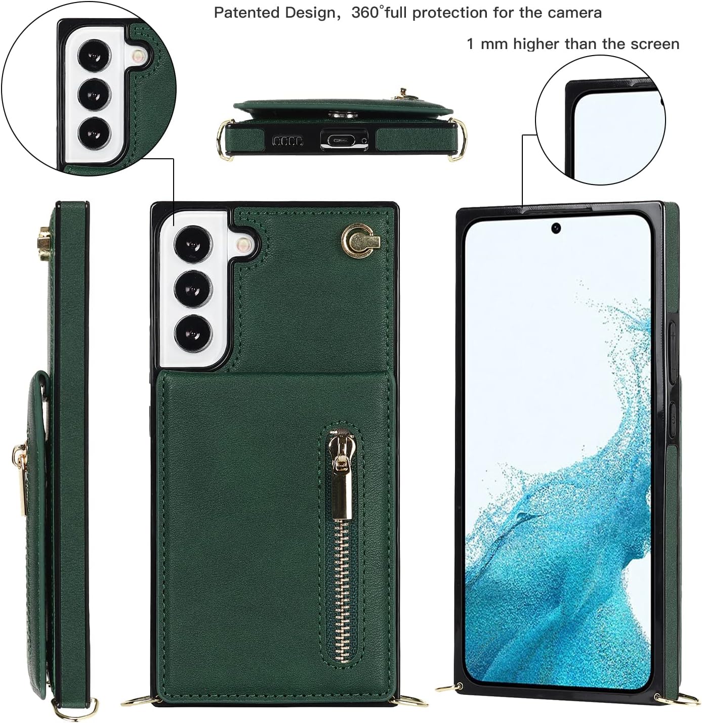 Funda compatible con Samsung Galaxy S22 de 6.1 pulgadas, bolso de bolsillo, correa de hombro, elegante funda protectora para Galaxy S22 (verde