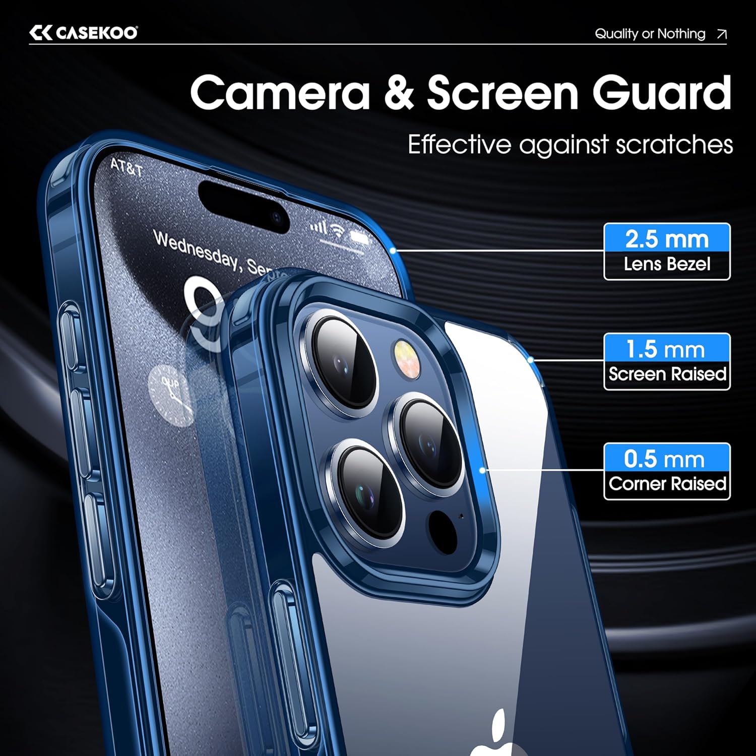 CASEKOO Funda azul para iPhone 15 Pro Max, tecnología nunca amarilla, protección de grado militar de 10 pies, funda delgada transparente para