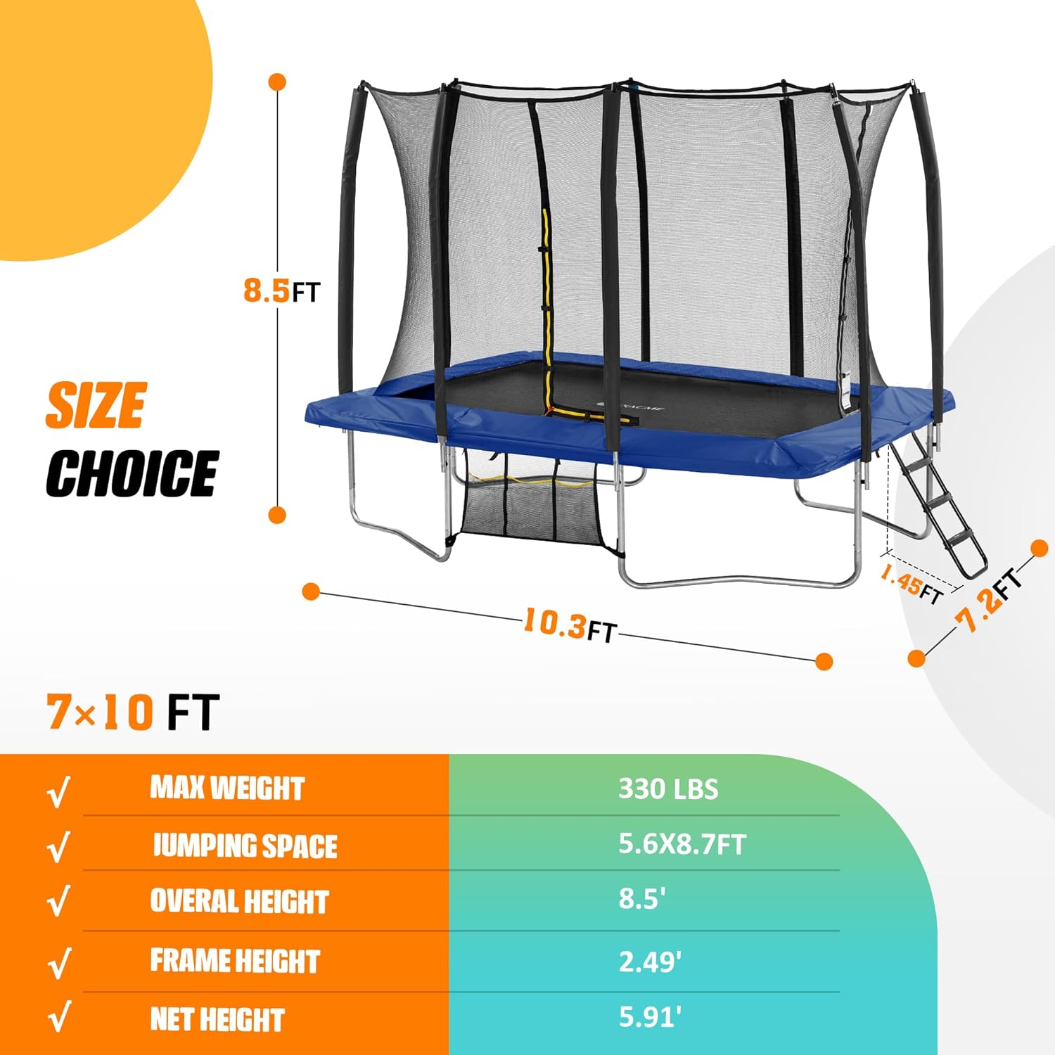 Exacme Trampolín rectangular de 7 x 10 y 8 x 12 pies para niños, doble abertura, pequeño trampolín rectangular para exteriores con red de cierre, 4