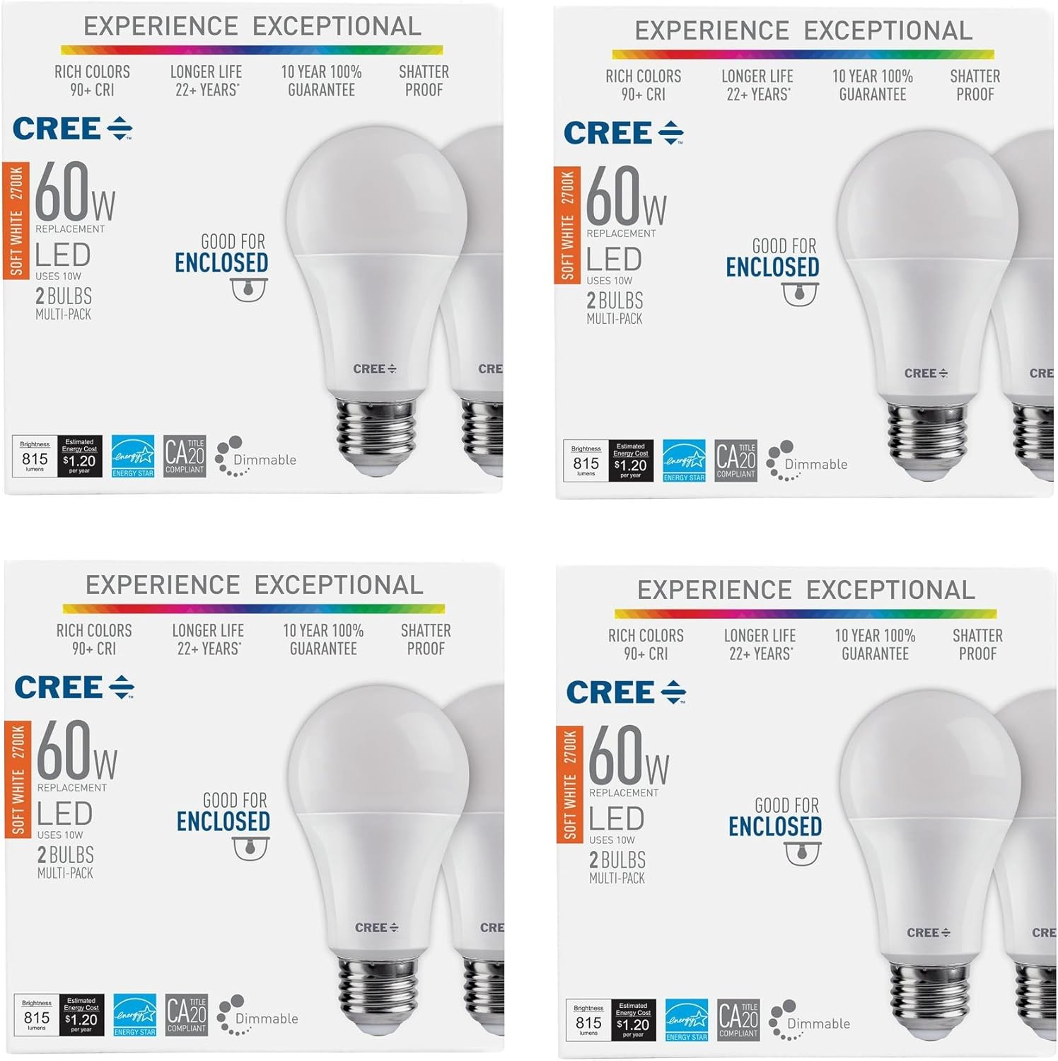 Cree Paquete de 8 bombillas LED de repuesto A19 de 60 W, color blanco suave (2700 K) regulables