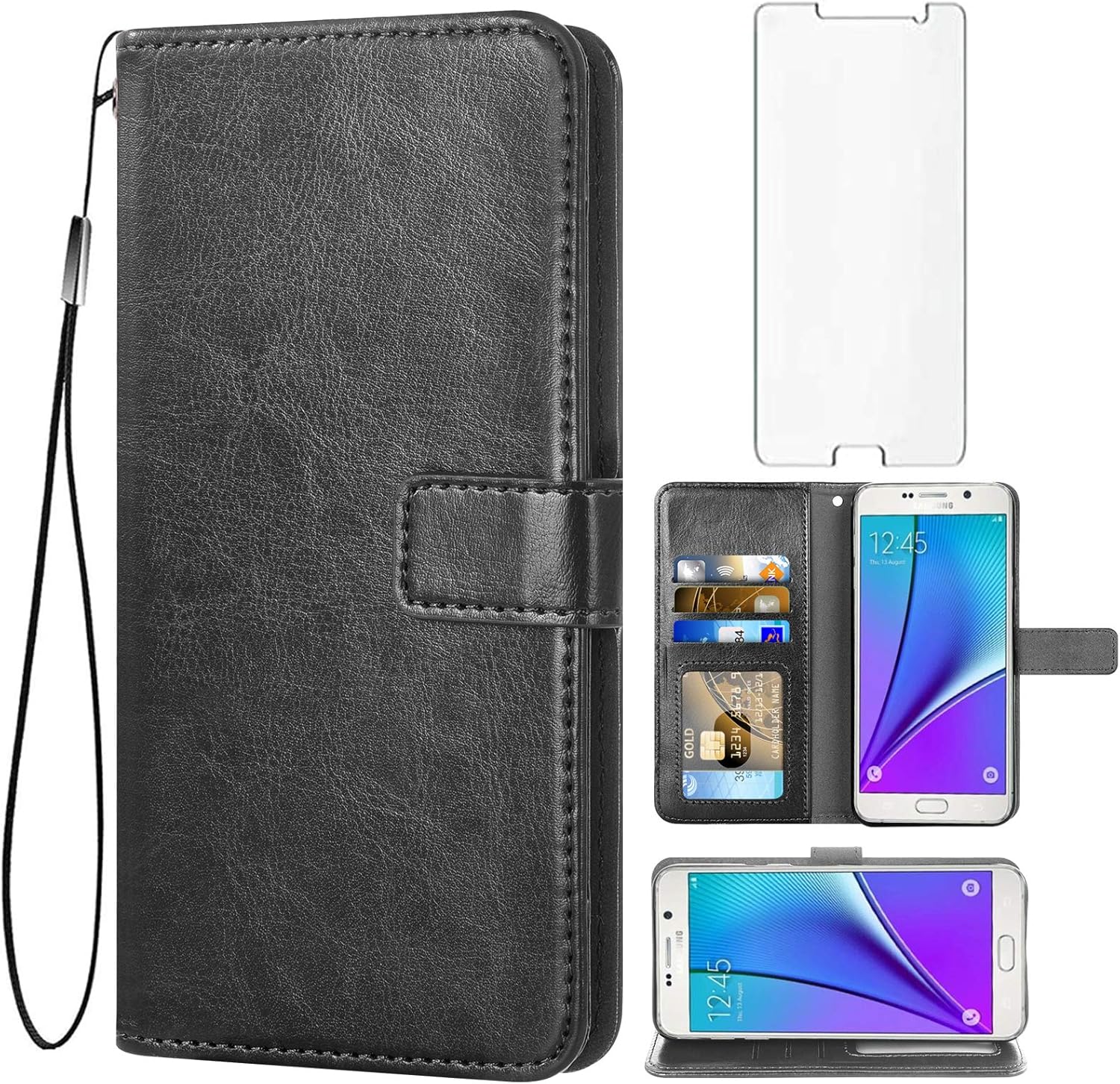 Asuwish Compatible con Samsung Galaxy Note 5 – Funda tipo cartera de vidrio templado, protector de pantalla con tapa para tarjetero, accesorios para