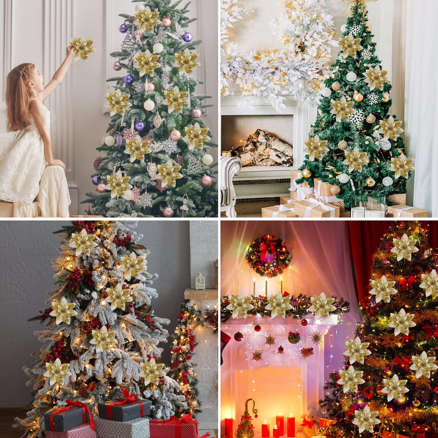 10 Pcs 13cm5.2in Poinsettia Artifical Flowers with Clips and Stems, Glitter Christmas Tree Ornaments Supplies for Xmas Wedding Party Happy New Year