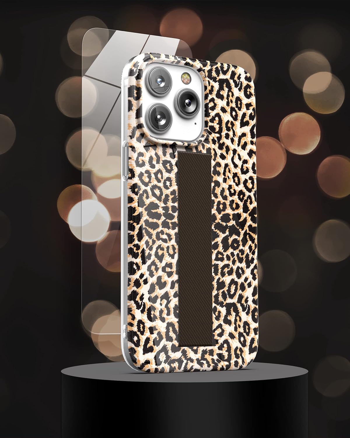 Funda de mano diseñada para iPhone 14 PRO con correa y protector de pantalla templado (leopardo)