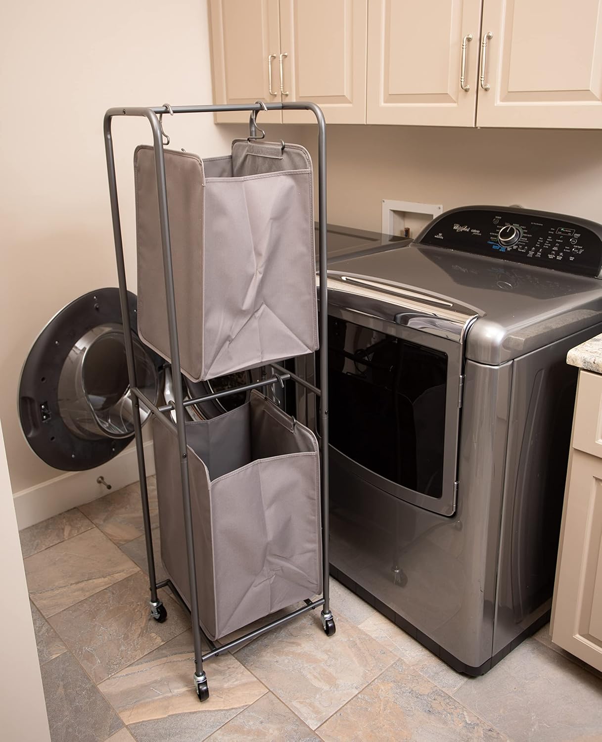 BIRDROCK HOME Clasificador vertical de 2 niveles para ropa sucia – Gris – Carrito con secciones de cesta dobles – Cuatro ruedas – Bolsas de ropa