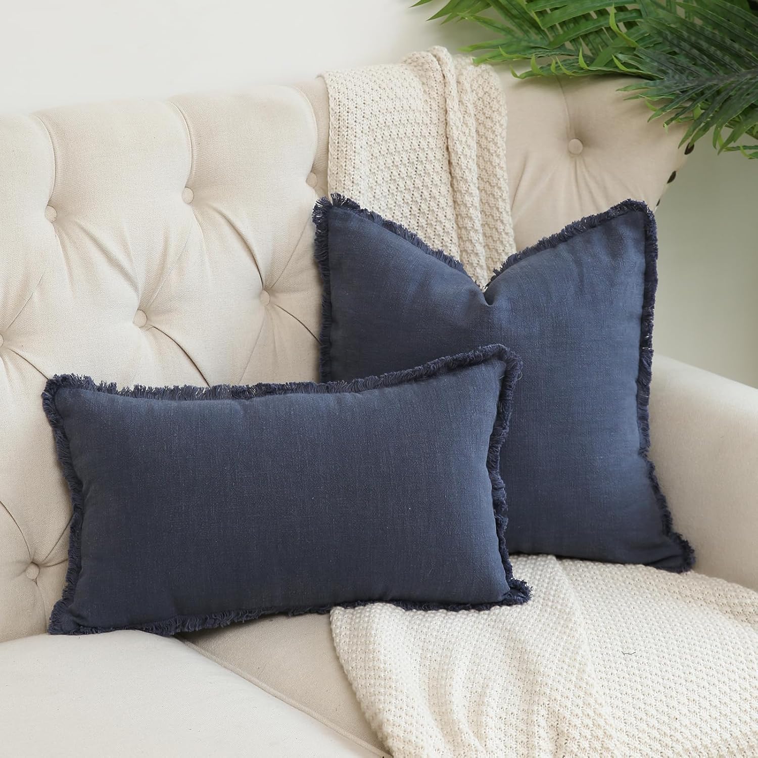 Hckot Funda de almohada de lino de 20 x 20 pulgadas, funda de almohada lumbar azul marino con borlas y flecos, cojines decorativos rústicos para