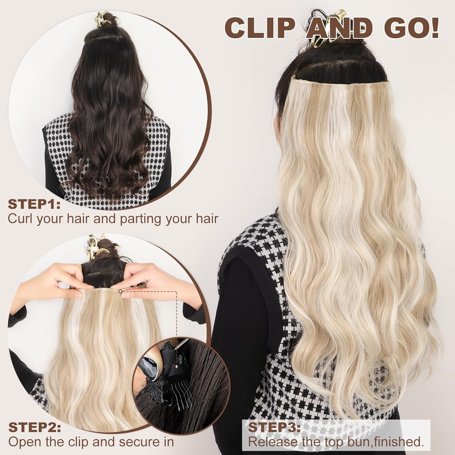 ALXNAN Extensiones de cabello con alambre invisible con alambre transparente, tamaño ajustable, 4 clips seguros, extensiones de cabello largo