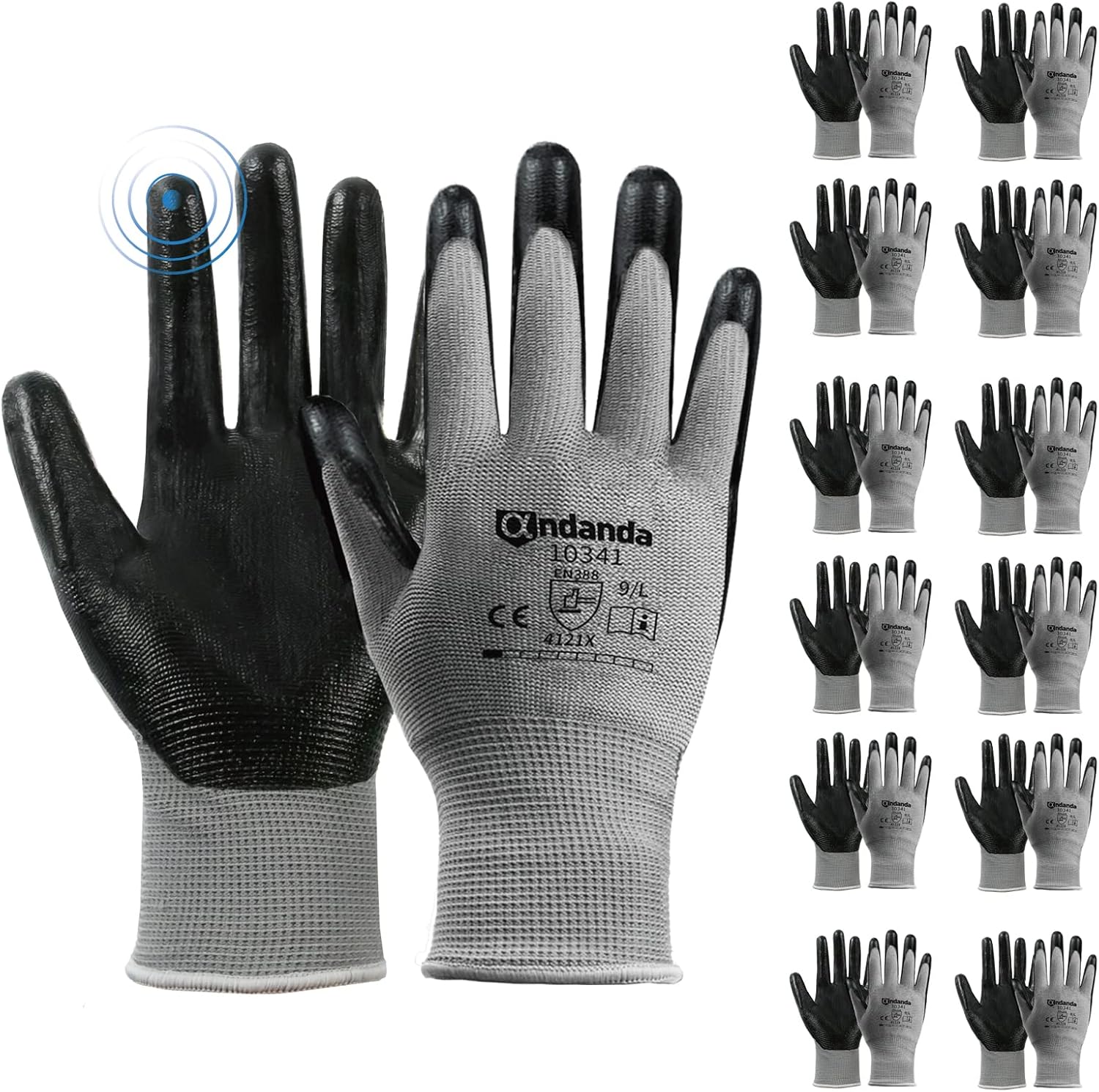 ANDANDA 12 pares de guantes de trabajo, tacto inteligente, ajuste elástico cómodo 3D, guantes de trabajo recubiertos de nitrilo con agarre, guantes