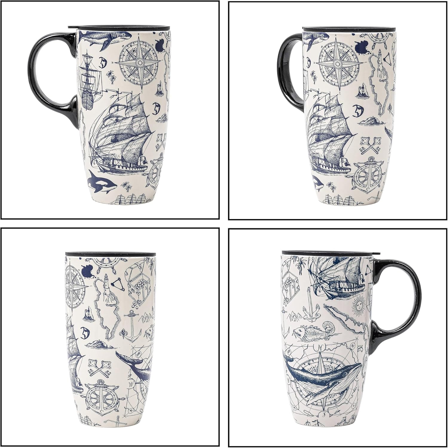 Topadorn Taza de café de cerámica para regalo con tapa de 17 onzas, taza de té alta de porcelana con asa para el hogar y la oficina, taza con patrón