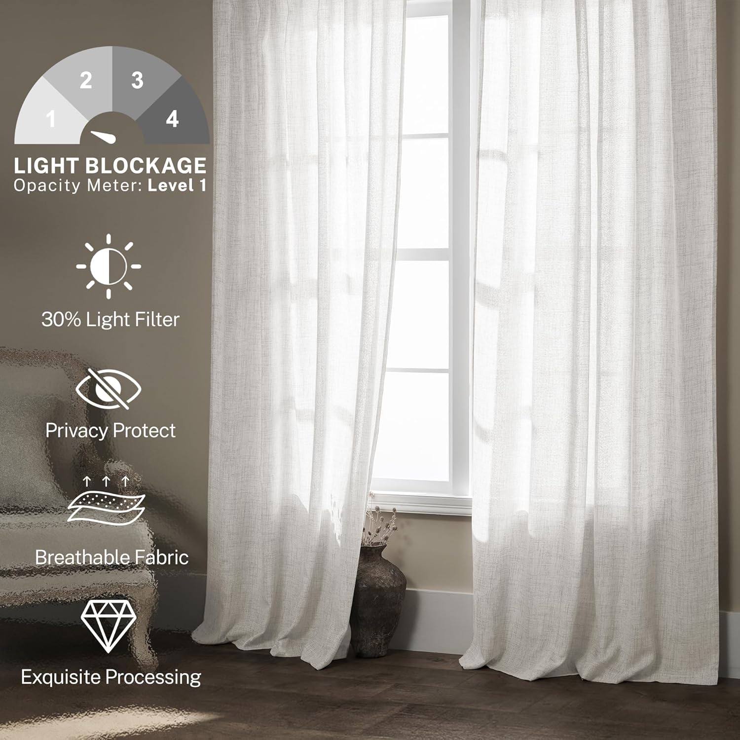 Cortinas de lino marfil de 108 pulgadas de largo para sala de estar, juego de 2 paneles de color blanco crema con pestaña trasera, cortinas de lino