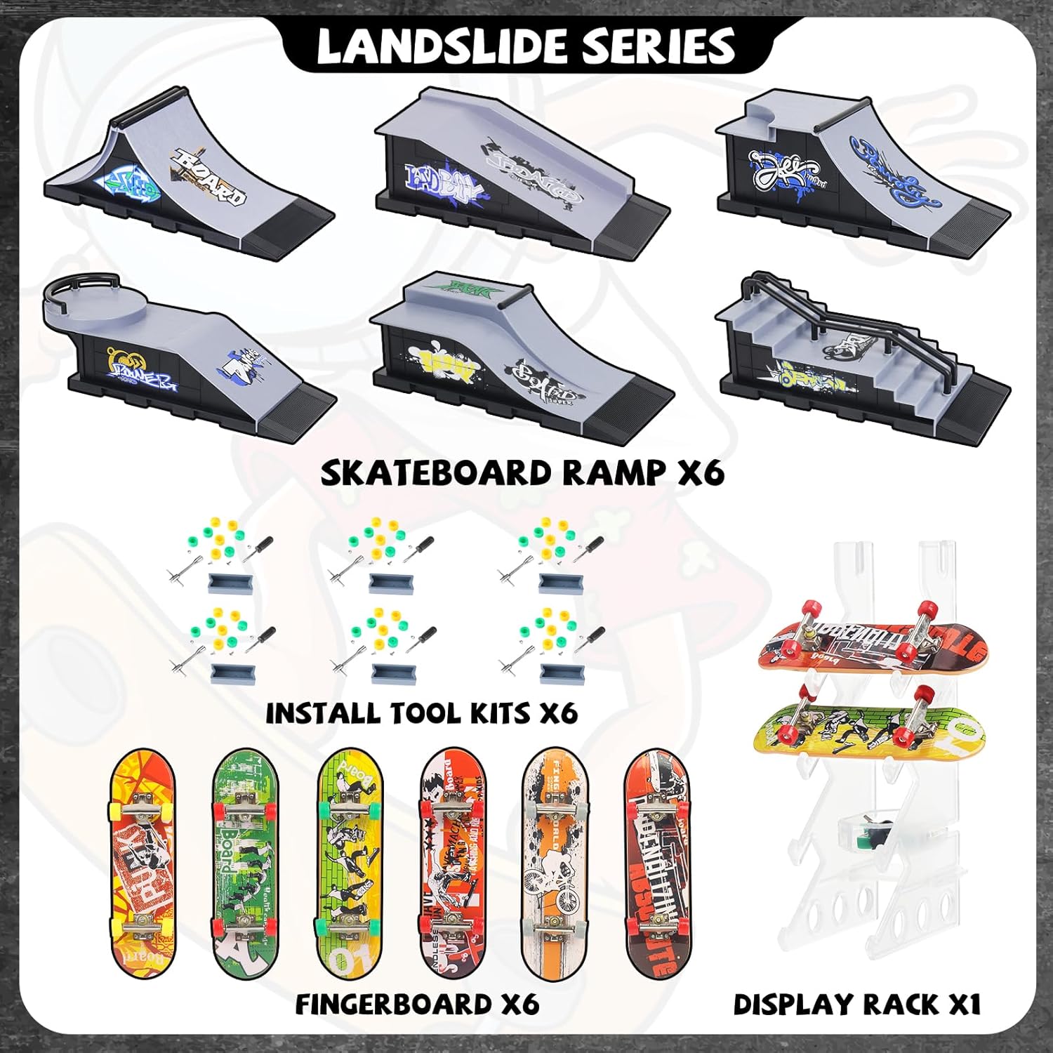 CS COSDDI Juego de rampa para patinetas de dedo, kit de riel de mini diapasón con 6 patinetas, 6 rampas de diapasón, juguete interavtivo para dedos