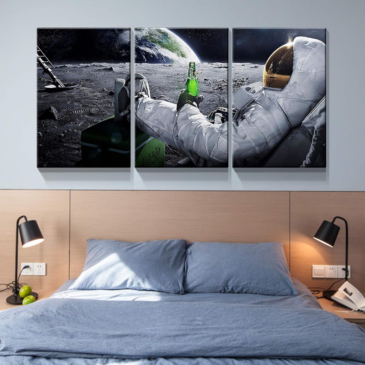Denozer – Lienzo decorativo para pared de 3 piezas – Astronauta bebe cerveza en la luna, imágenes lunares abstractas, decoración del hogar,