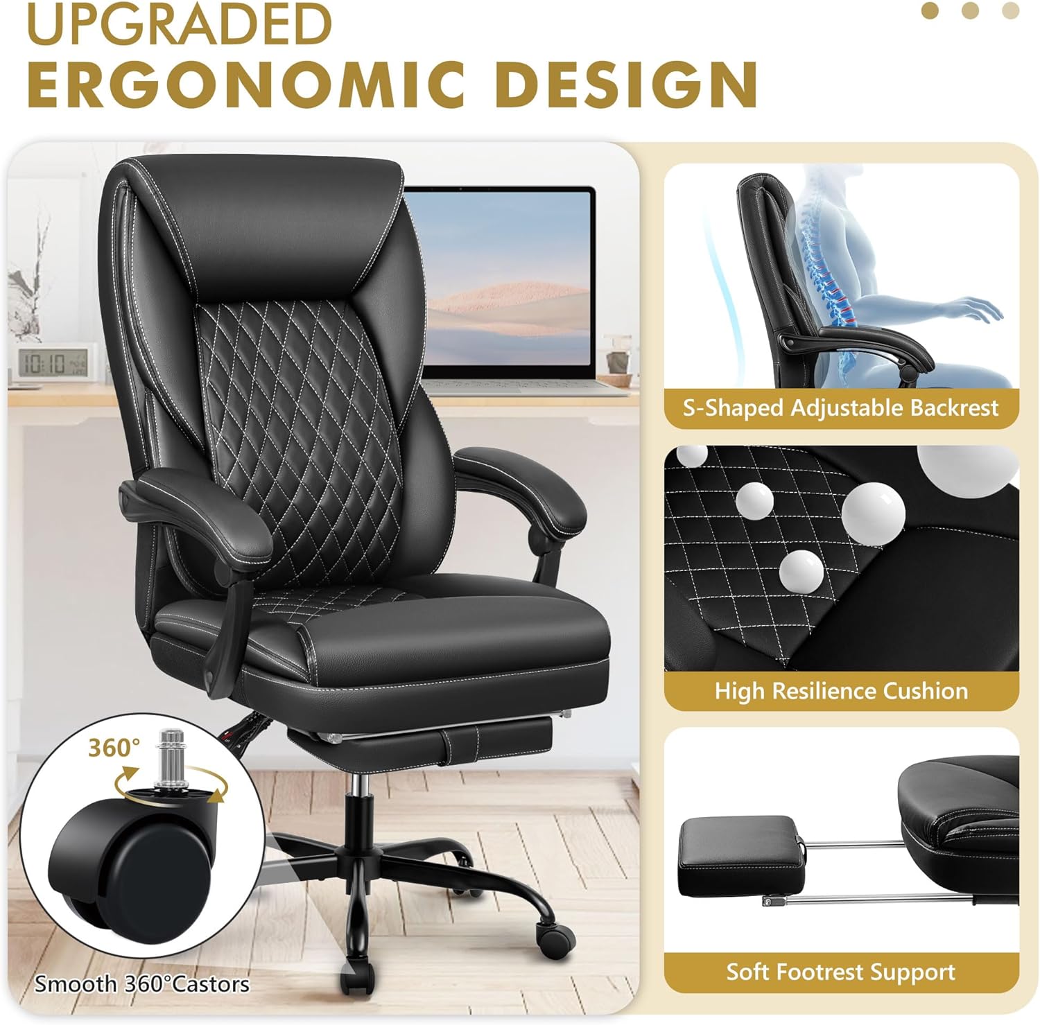 BestEra Silla de oficina, silla de oficina grande y alta, silla de oficina ejecutiva con reposapiés, silla de oficina ergonómica, sillas de