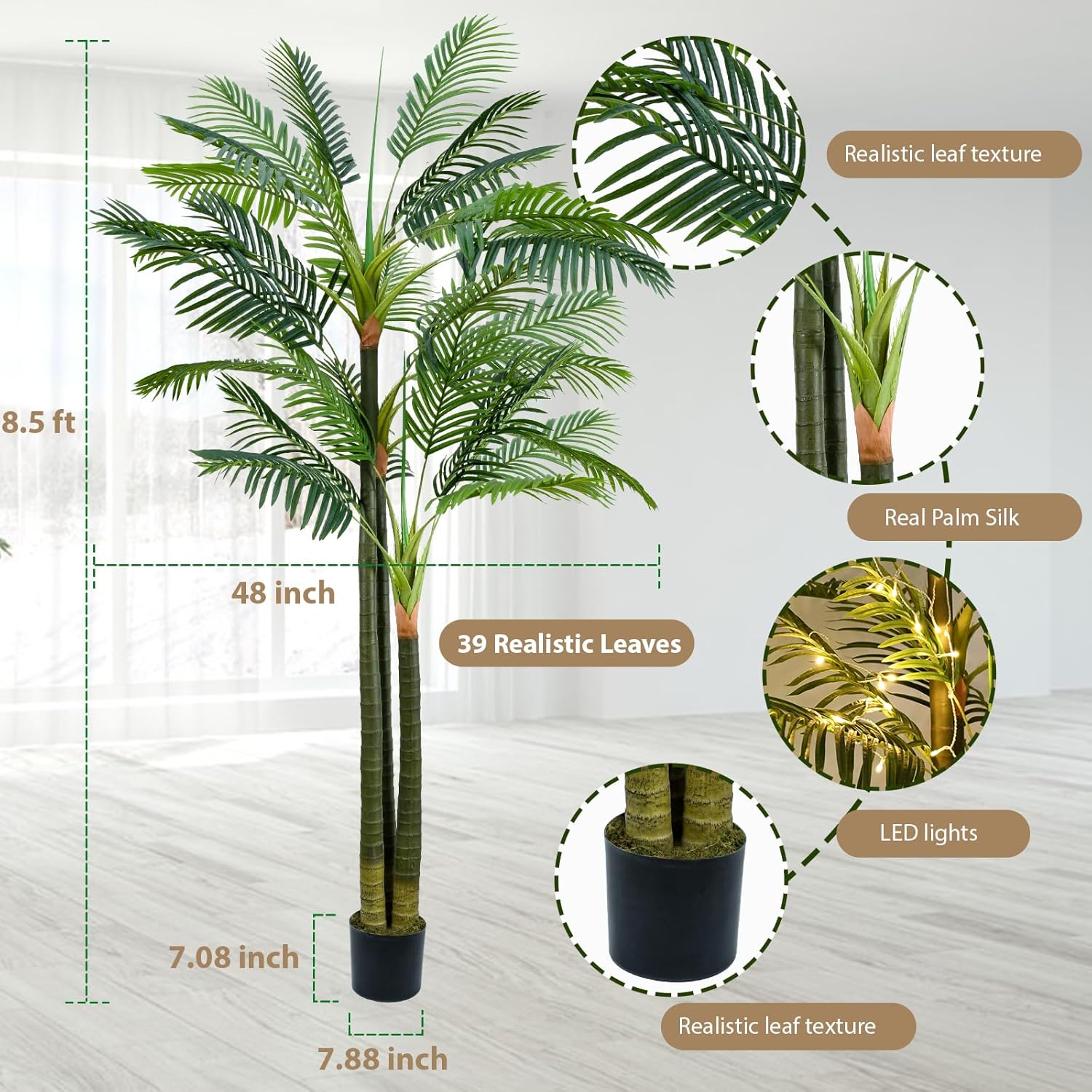 Palmera artificial de 8.5 pies para interiores, palmeras artificiales, casi naturales, palmeras artificiales con luz LED, palmeras artificiales al