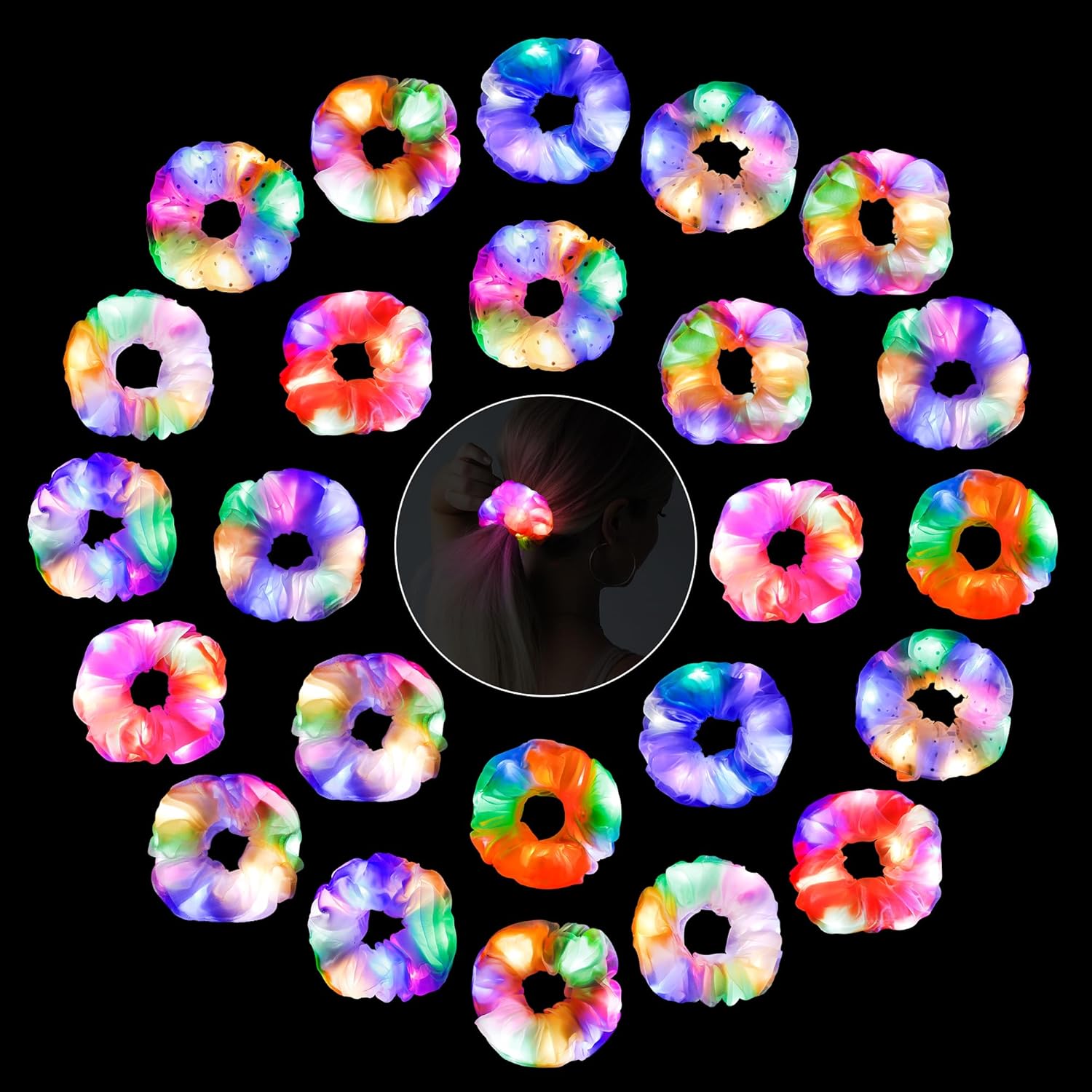 24 coleteros iluminados para niñas y mujeres, accesorios para el cabello con luces LED, lazos coloridos de doble capa, accesorios para el cabello
