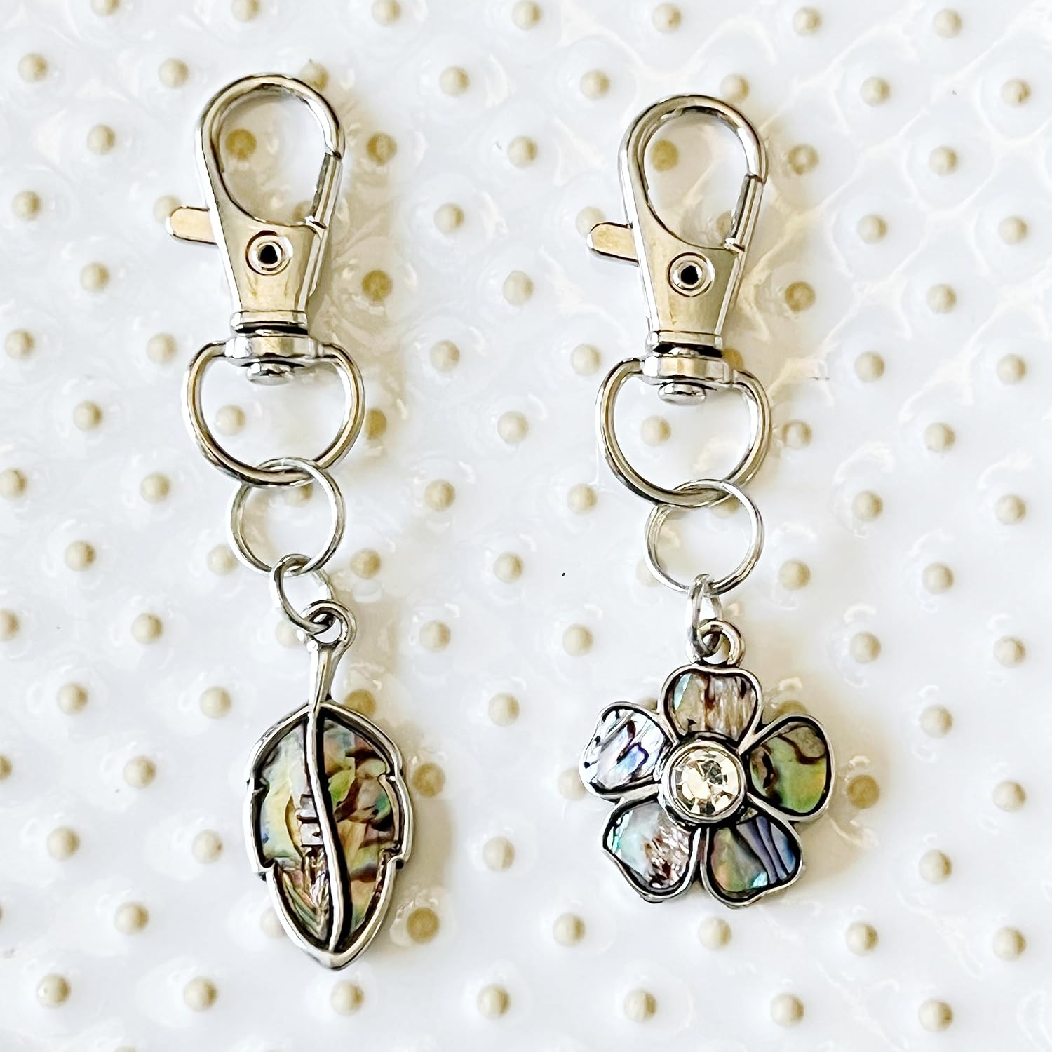 Silver Flower & Leaf Purse Charms, Abalone Shell Handbag Jewelry, Floral Fall Zipper Pulls, Cool Keychain, Backpack Charms, Nature Gift Sets