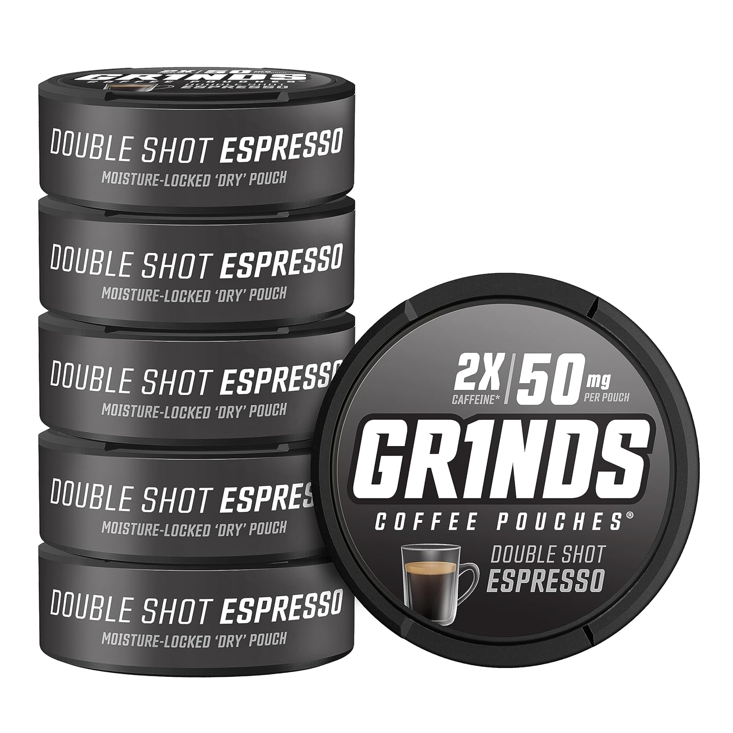 Grinds Bolsas de café  6 latas de espresso de doble chupito  18 bolsas por lata  2 x cafeína, 1 bolsa equivalente. 12 taza de café