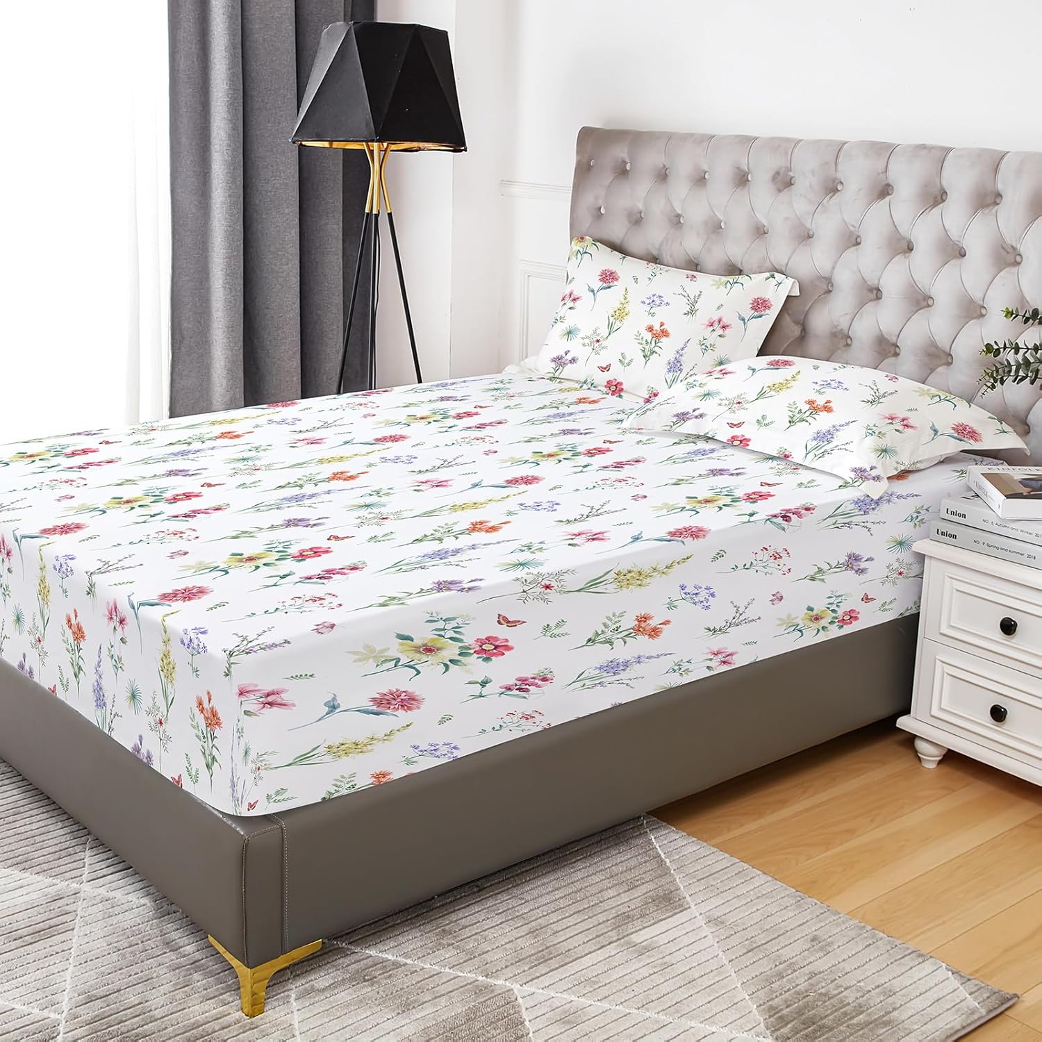 YIYEA Sábana bajera individual con funda de almohada, estampado floral, sábana bajera de microfibra cepillada de 1800 hilos de primera calidad,