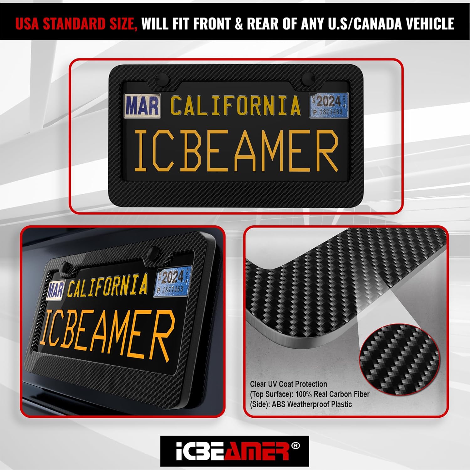 ICBEAMER Marcos de placa de fibra de carbono negra, 2 agujeros de tornillo preperforados con kit de instalación, ajuste universal, seguro para